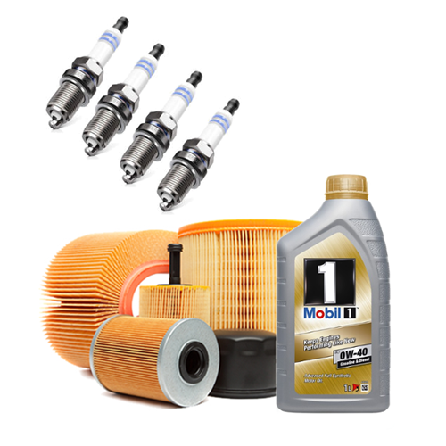 Kit tagliando tre filtri, olio motore MOBIL 0W40 e candele accensione (PR3934/18)