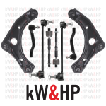 kW&HP COPPIA BRACCI BRACCETTI TRAPEZI OSCILLANTI + BIELLETTE + TESTINE STERZO PER NISSAN MICRA IV (K13K)