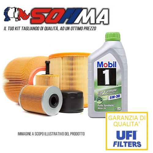 Kit tagliando auto, kit quattro filtri e 6 litri olio motore Mobil 5W30 (KF0008/so)
